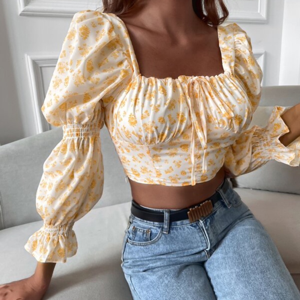 Boho Blue Floral Print Puff Sleeve Crop Top - Picture 6 of 8
